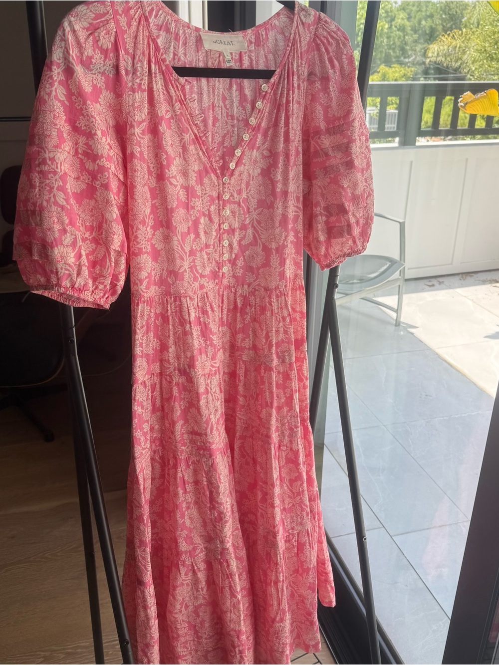 THE GREAT. Pink Floral Button-Front Midi Dress